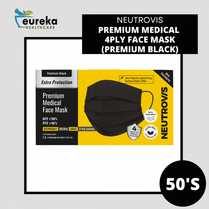 NEUTROVIS MEDICAL 4 PLY FACE MASK 50'S - EXTRA PROTECTION PREMIUM (BLACK)