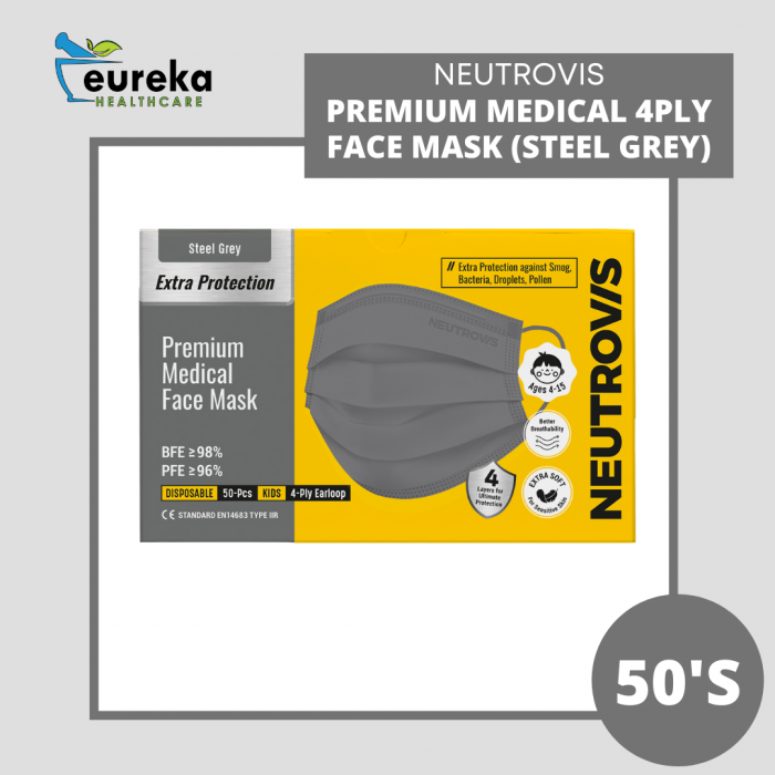 NEUTROVIS MEDICAL 4 PLY FACE MASK 50'S - EXTRA PROTECTION PREMIUM (STEEL GREY)