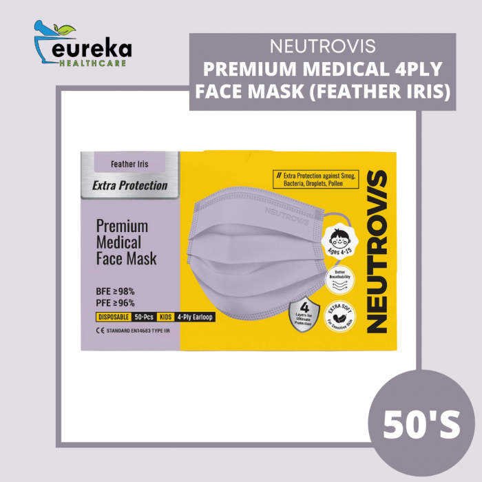 NEUTROVIS MEDICAL 4 PLY FACE MASK 50'S - EXTRA PROTECTION PREMIUM (FEATHER IRIS)